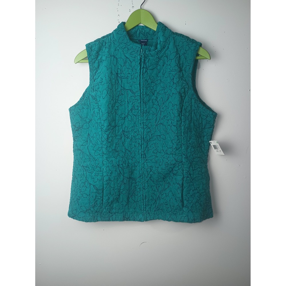 Vintage Editions Teal Green Floral Quilted Corduroy Vest Mock Neck Zip Up Large